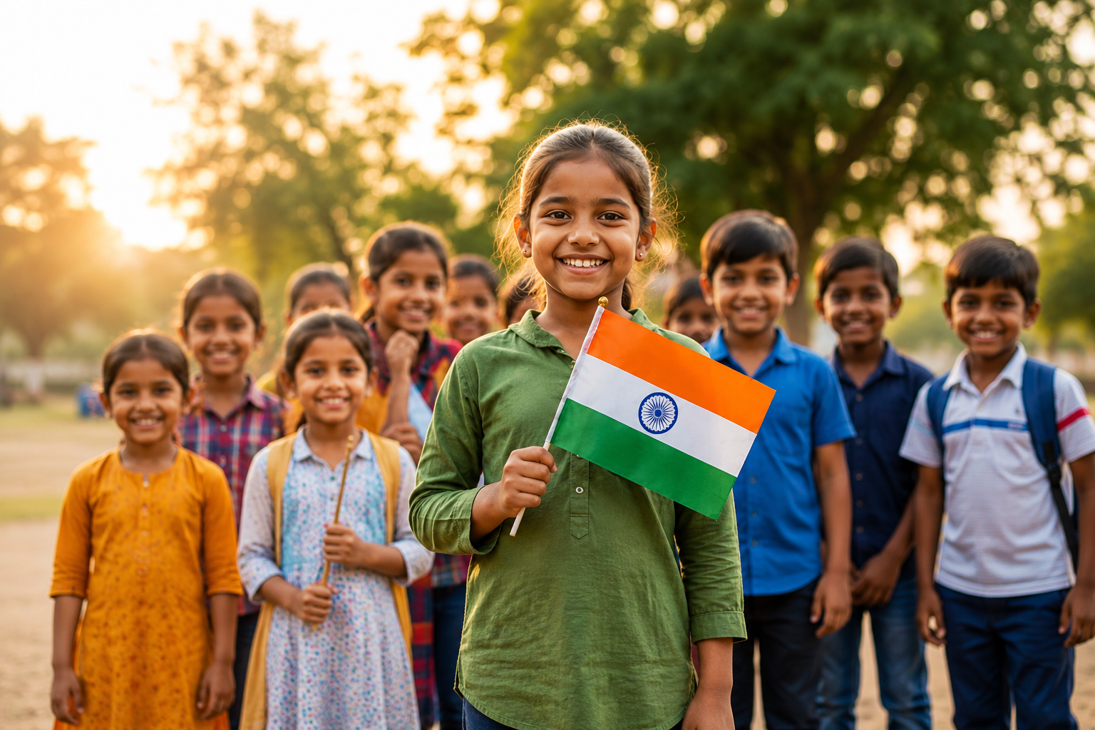 Children of India celebrating with flag