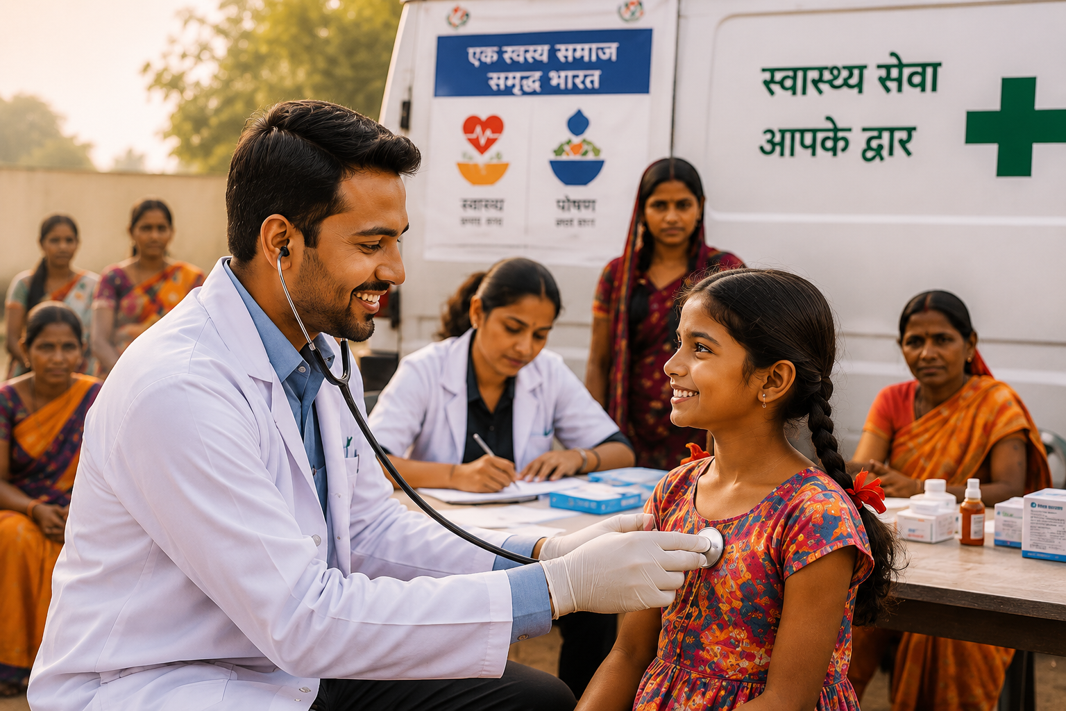 Doctor providing medical care in community camp